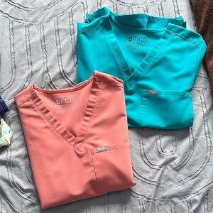 Figs Vibrant Coral and Aqua Scrub Tops